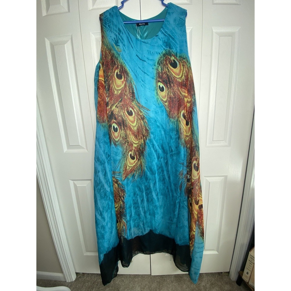 Peacock Maxi Dress Shift Bold Sheer Chiffon Relaxed Lagenlook Art to Wear Sz 22